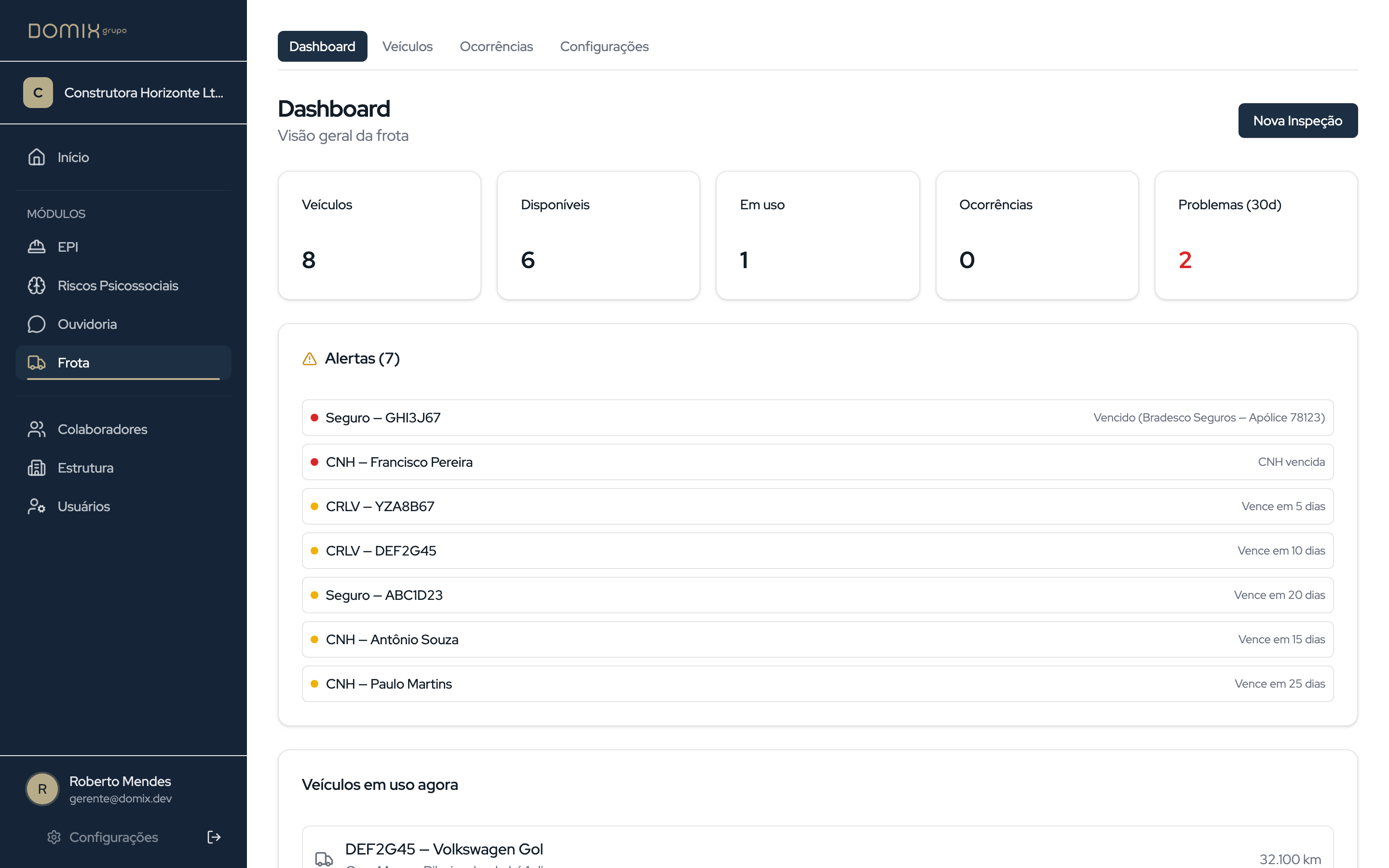 Tela do módulo Frota
