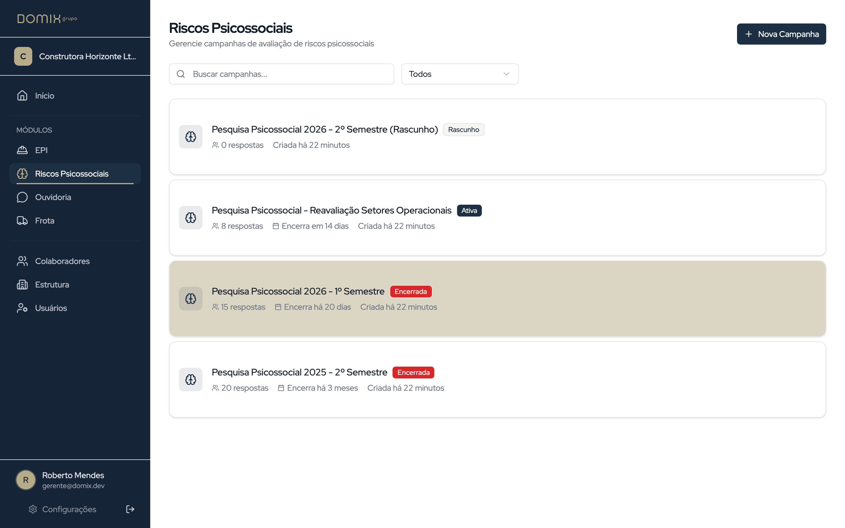Tela do módulo Clima & Psicossocial